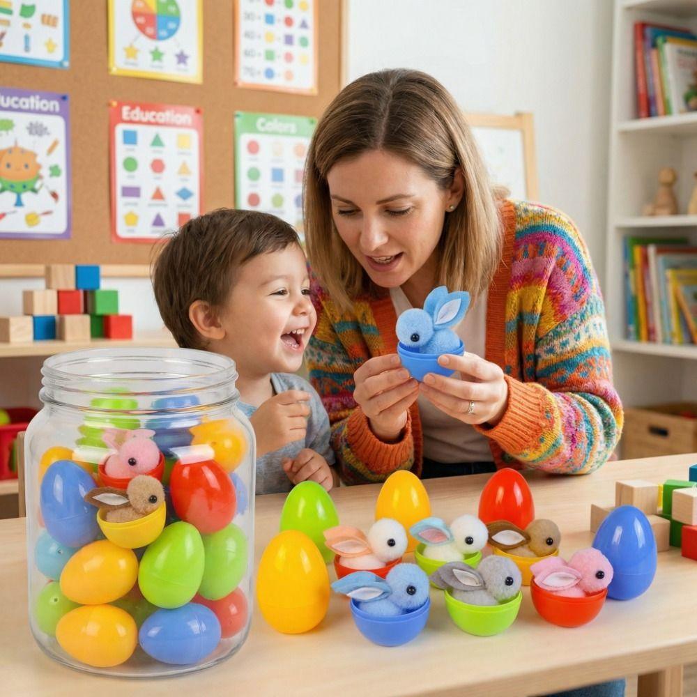 16 Stück Bunte Oster-Überraschungseier Cartoon Bunte Plastikeier Gefüllte Hasenpuppen Osterparty