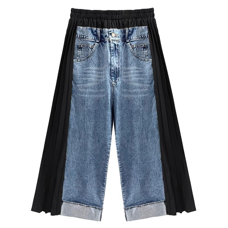 

Women s Retro Hong Kong Style Color Block Patchwork Pleated Denim Jeans - Casual, Loose, Elegant Nine-Point Pants for Spring/Summer One Size чорний