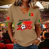 Women V Neck Pullover Short Sleeve Casual T Shirt Soccer Flag Print Portugal Support Top for Fans