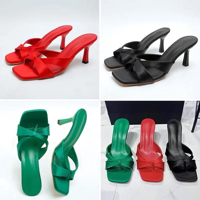Fashion 2025 New Women's Sexy Leather Slippers with Red Bow Stiletto Heels Roman Elegant Clip-toe Square Head Satin Pull-On