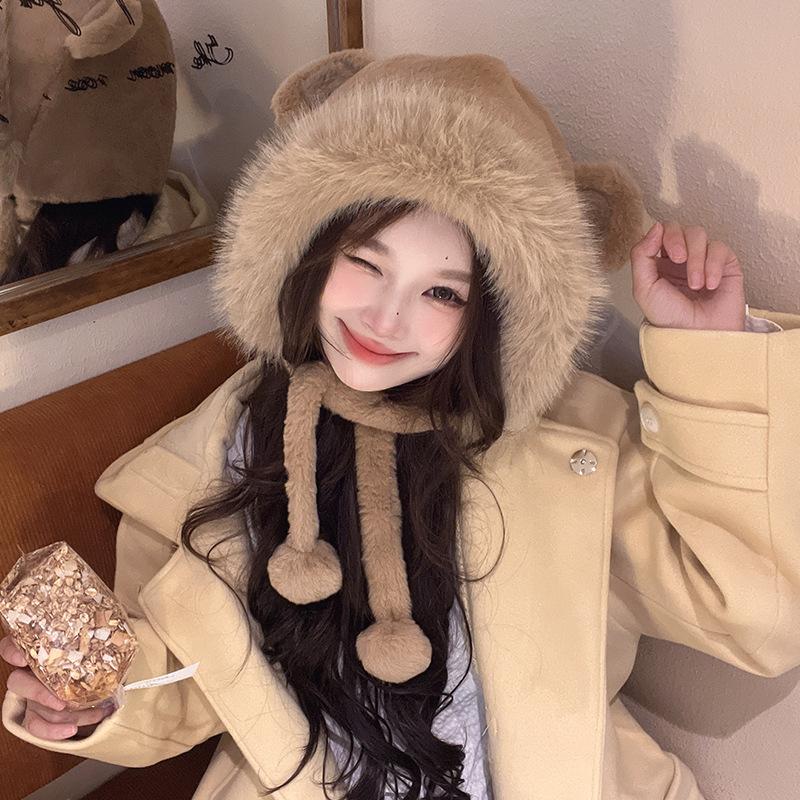 Cute plush bear hat Korean version thermal ear protection hat big head circumference cold protection pullover hat
