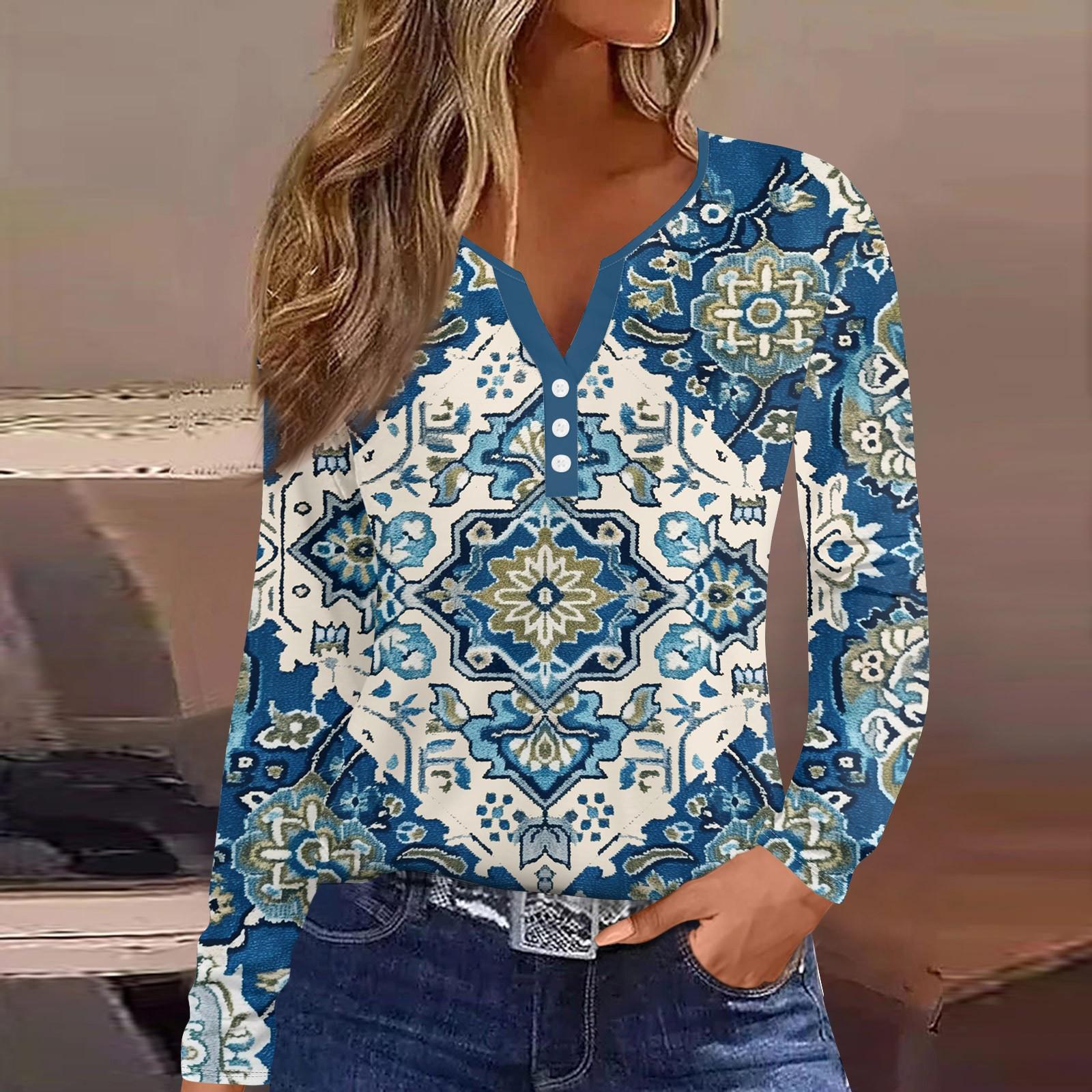 

Женская мода, повседневная футболка с цветочным принтом, V-образным вырезом, длинными рукавами и пуговицами, топ с длинными рукавами L