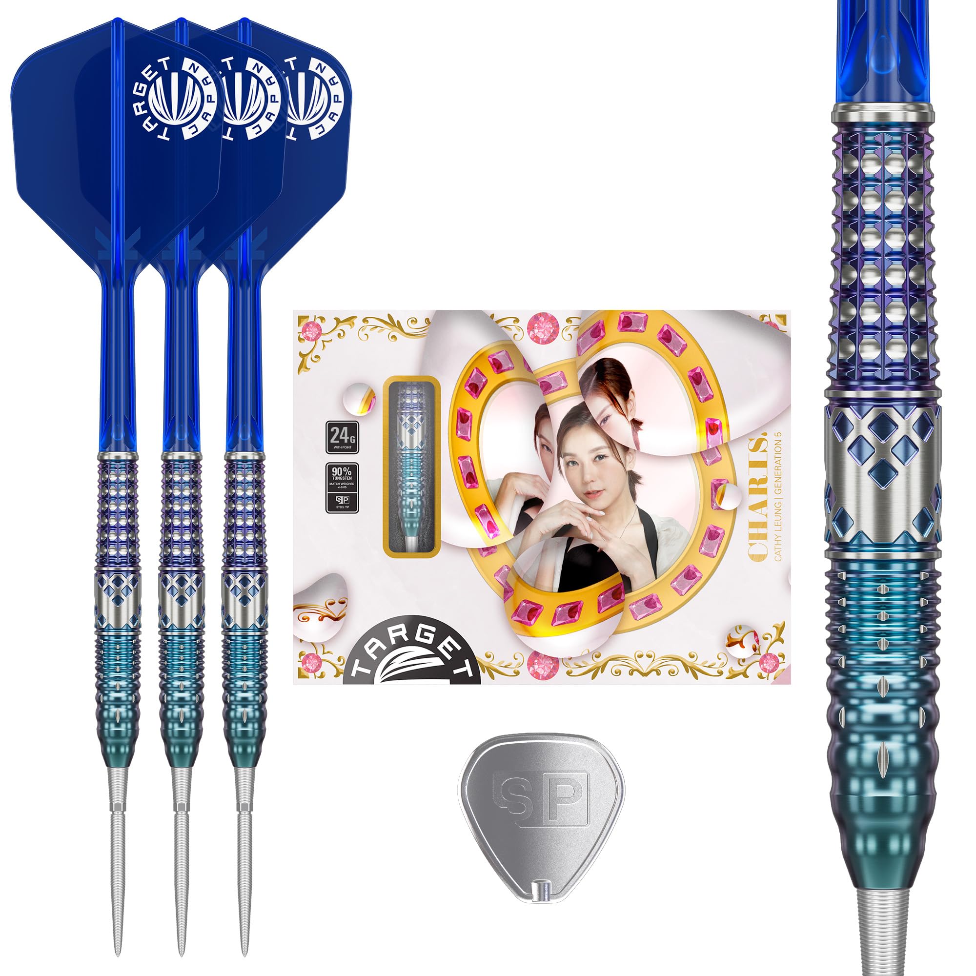 

Target Japan CHARIS G5 Cathy Leung Player Tungsten Steel Tip Darts 6 Flights and SWISS SILVER NANO POINT 30mm 90% K-Flex Set, 22G, No. Shape, Shafts, синий