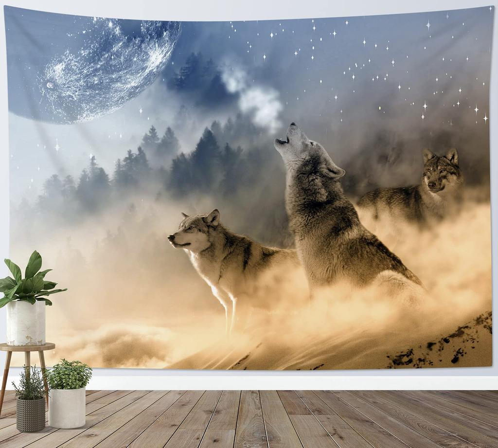 Wolf Tapestry Wall Hanging Wild Animal Wall Tapestry Wolves Howl In Snowy Tapestries Winter Snow Scene Wall Decor Blanket For