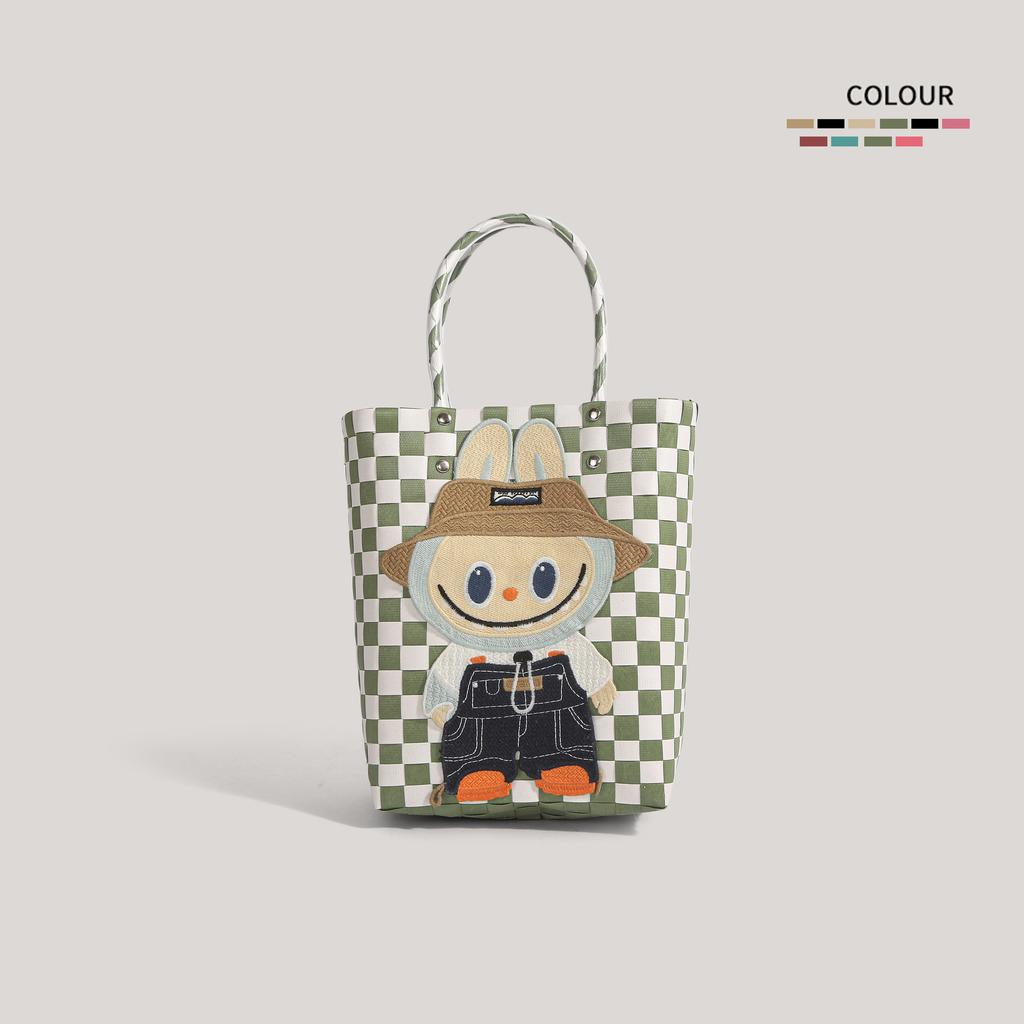 Labubu plastic woven handbag woven vegetable basket handbag handmade bag