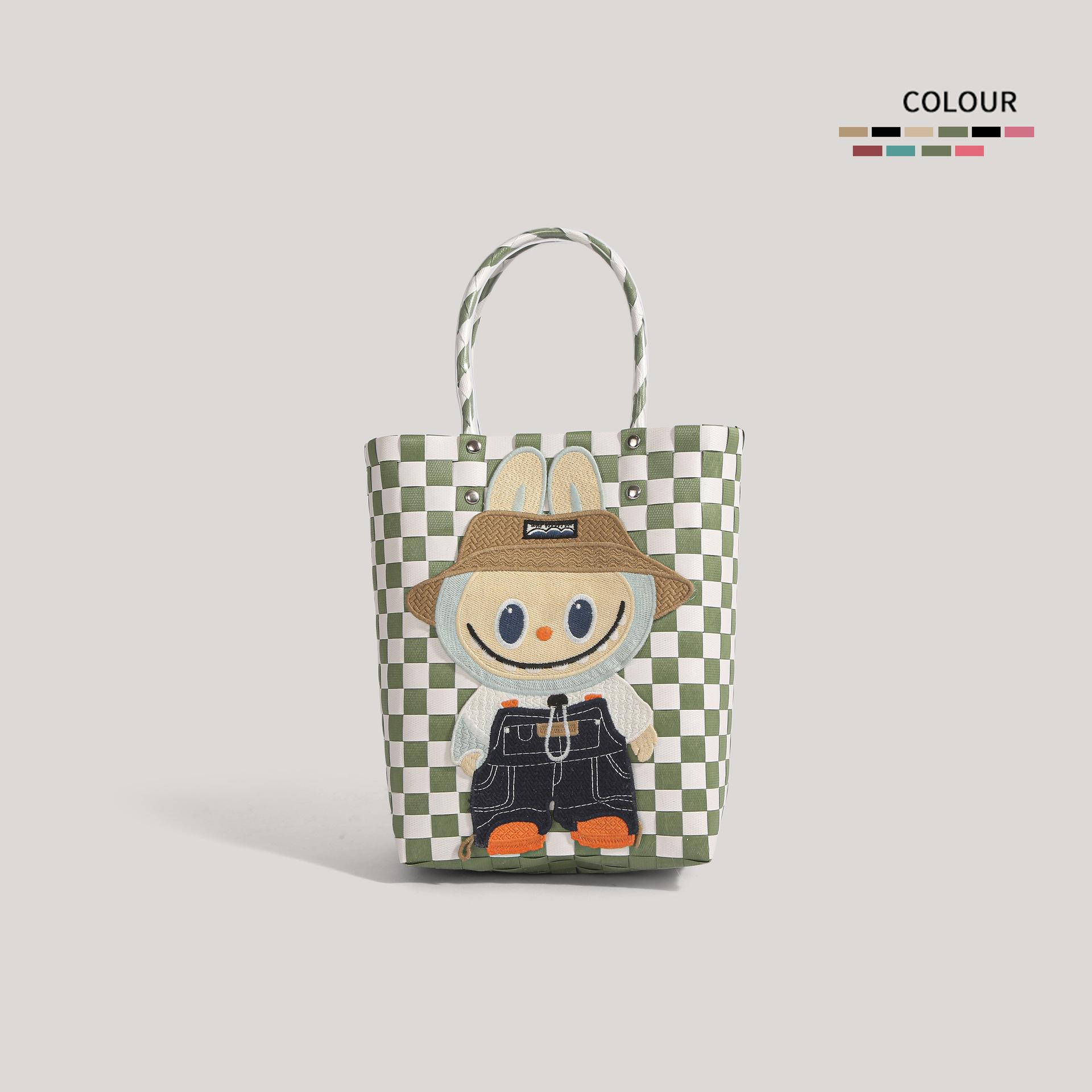 

Labubu plastic woven handbag woven vegetable basket handbag handmade bag 18*10*26cm