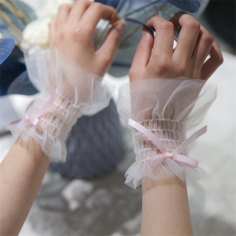 Women Wrist Cuffs Ribbon Bow Removable Ruffled Wedding Supply Bride Dress False Sleeves Tulle Flared Sleeves