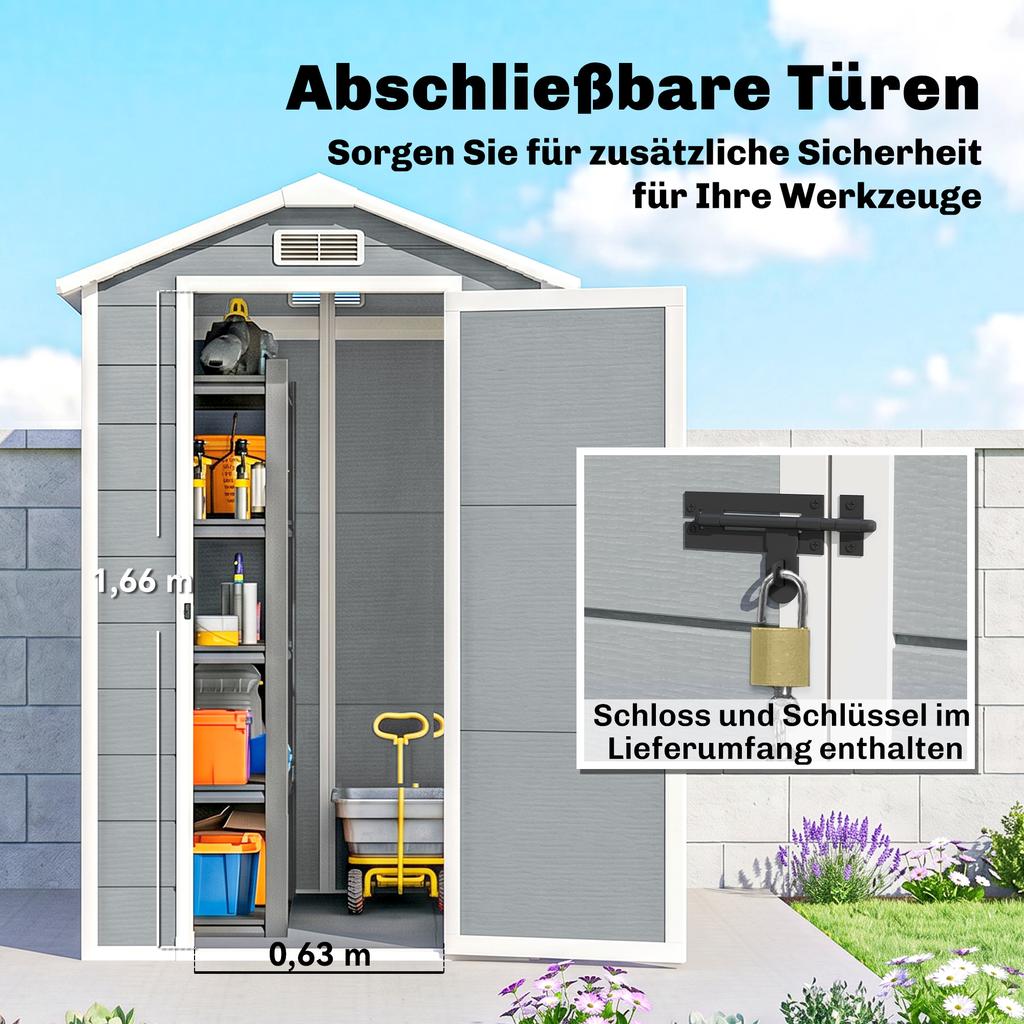 Garden Shed, Plastic Garden House with Floor, Window, Lockable Doors, for Garden, 131W x 186D x 198H cm, Grey