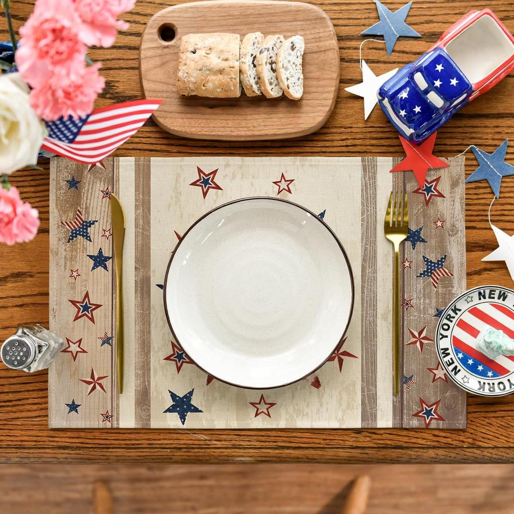 Wood Stars Strip-Shaped Patriotic 4th of July Placemats Set of 4,12x18 Inch Memorial Day Seasonal Spring Table Mats