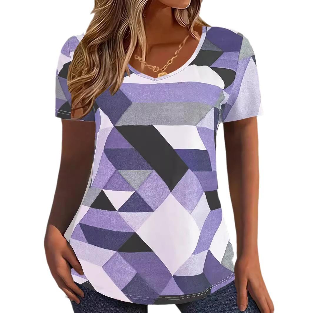 

Летний топ с V-образным вырезом, 3D колор-блок с принтом, модный повседневный женский, больших размеров, с коротким рукавом 7XL