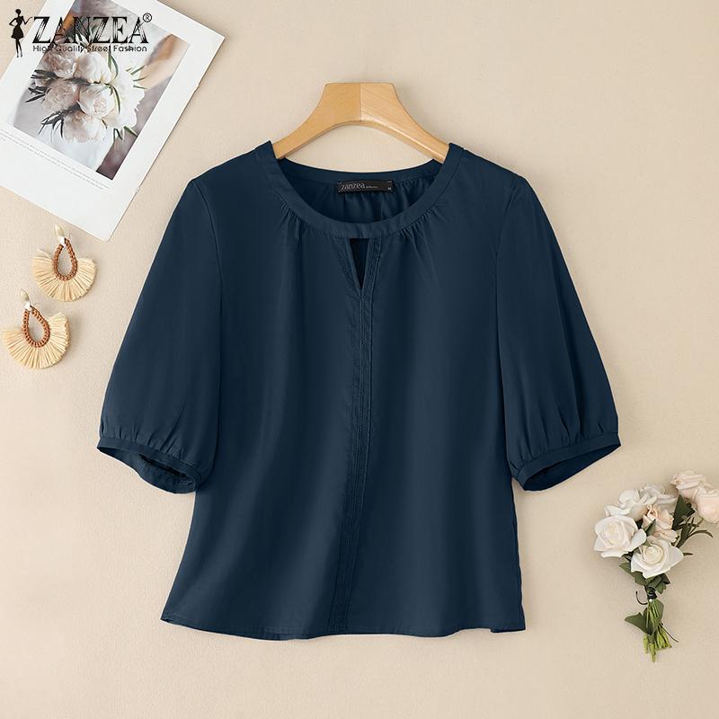 ZANZEA Women Casual Round Neck Summer Short Sleeve Cotton Blouse