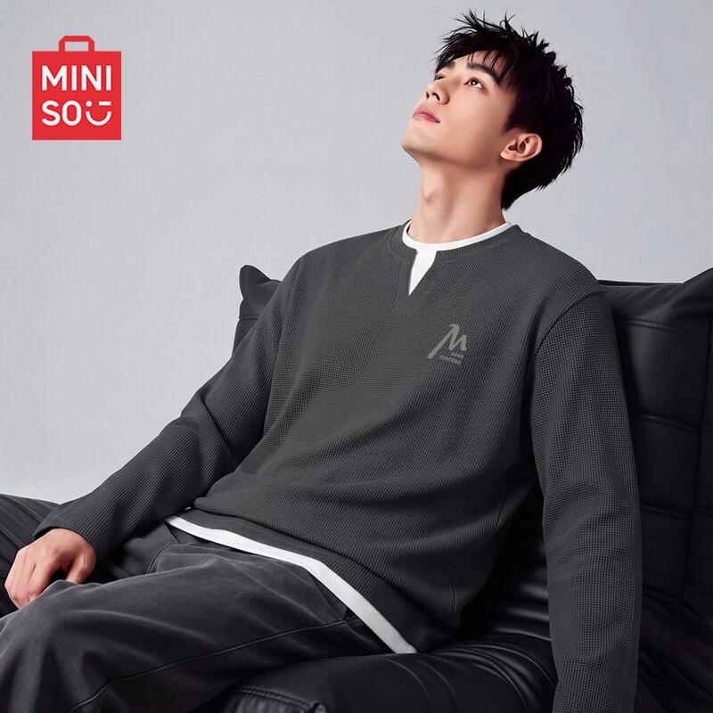 MINISO Men's Heavyweight Waffle Knit Faux Two-Piece Long Sleeve T-Shirt