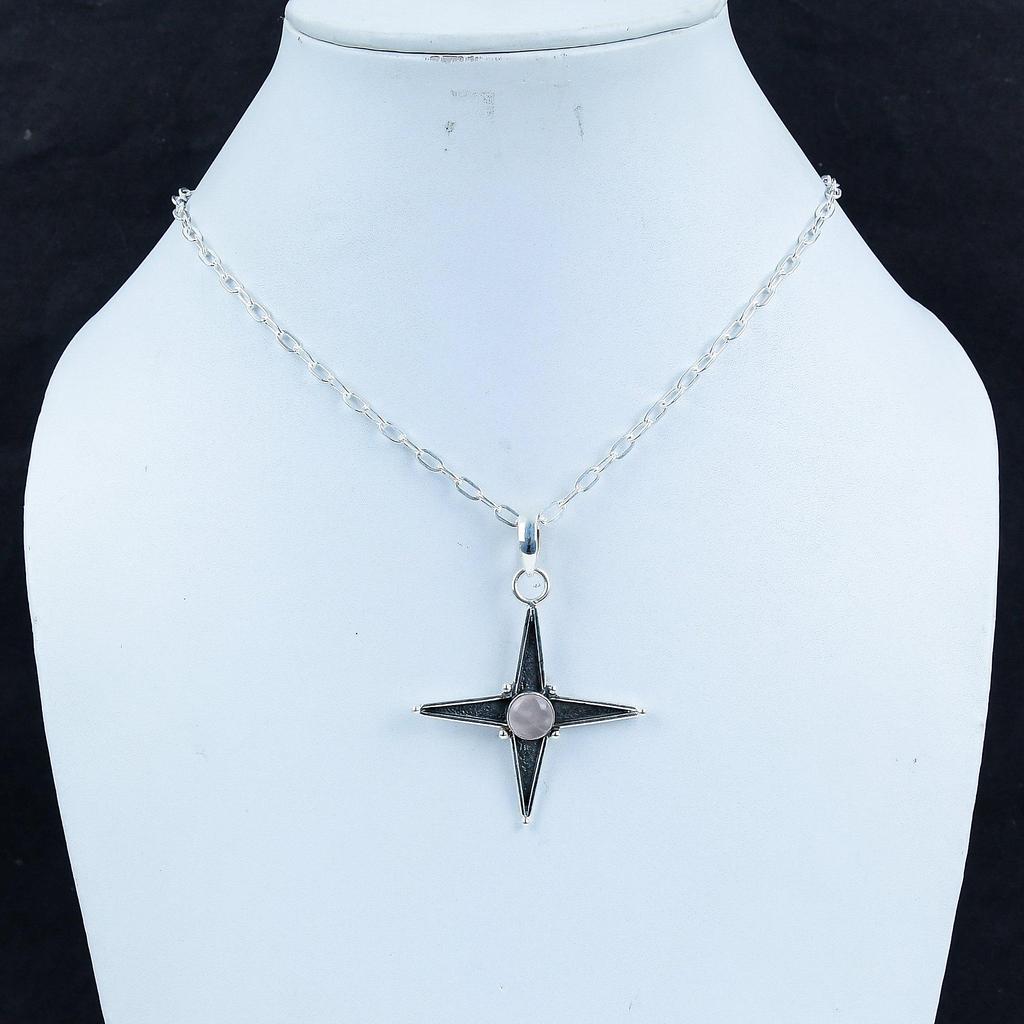 Natural Rose Quartz Gemstone Silver Pendant In 925 Sterling Silver - Handmade Star Design, Everyday Wear Jewelry, Unique Designs Pendant Gift