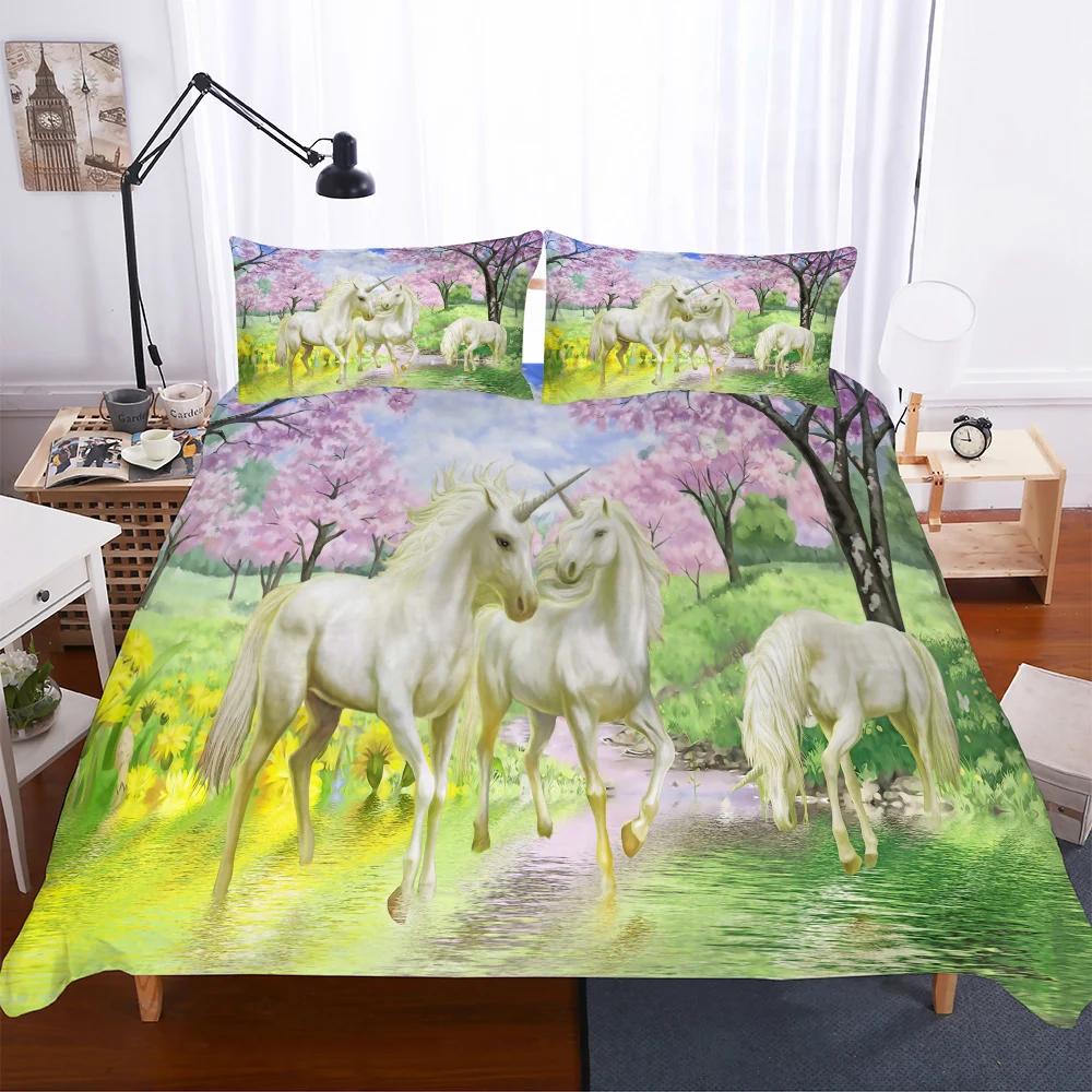 Reactive Printing Blue Sky Unicorn Duvet Cover Set Home Textile Unicorn Bedding Set Cartoon 135x200 Housse De Couette Cute BB580