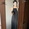 French Elegant Simple Loose Round Neck Pleated Dress Design Sense Large Backless Sleeveless Solid Color Sling Dress