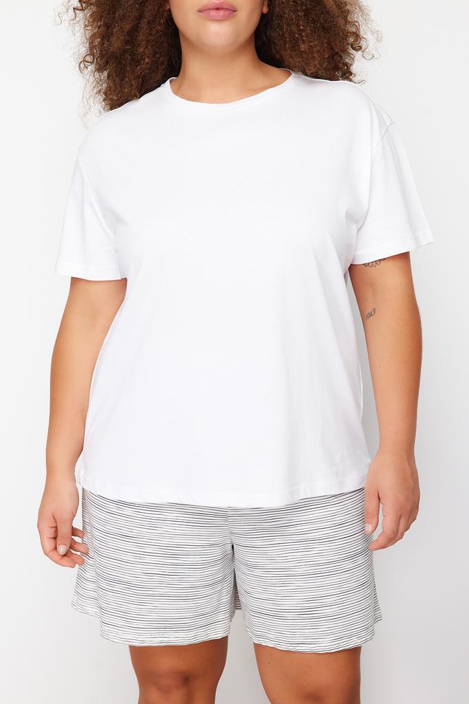 Women's Fashion New Plus Big Size Pajama Set Green Crew Neck Striped Knitted Pajama Set