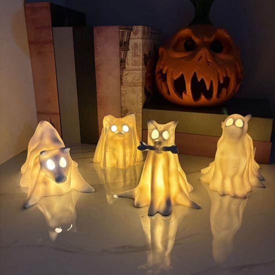 Estatueta de Cão Fantasma Drapeado Halloween Escultura de Cão Fantasma Iluminada Ornamento de Mesa de Resina para Decoração de Prateleira de Quarto Doméstico Interno