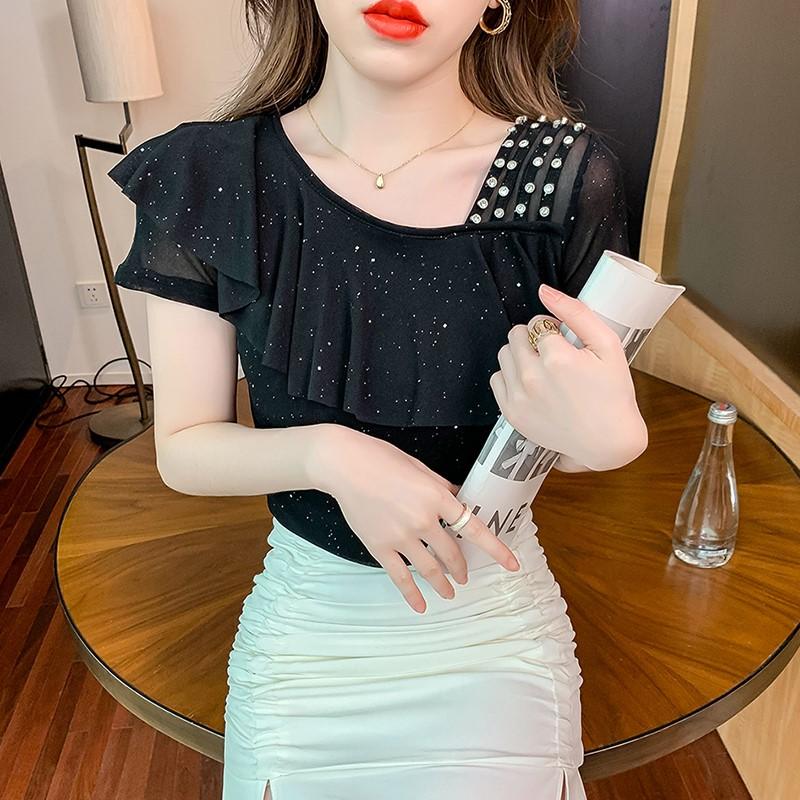 

Summer Femme Clothes Mesh T-Shirt Women Chic Sexy Off Shoulder TShirt Shiny Diamonds Tees Ruffles Patchwork Short Sleeve Top XS