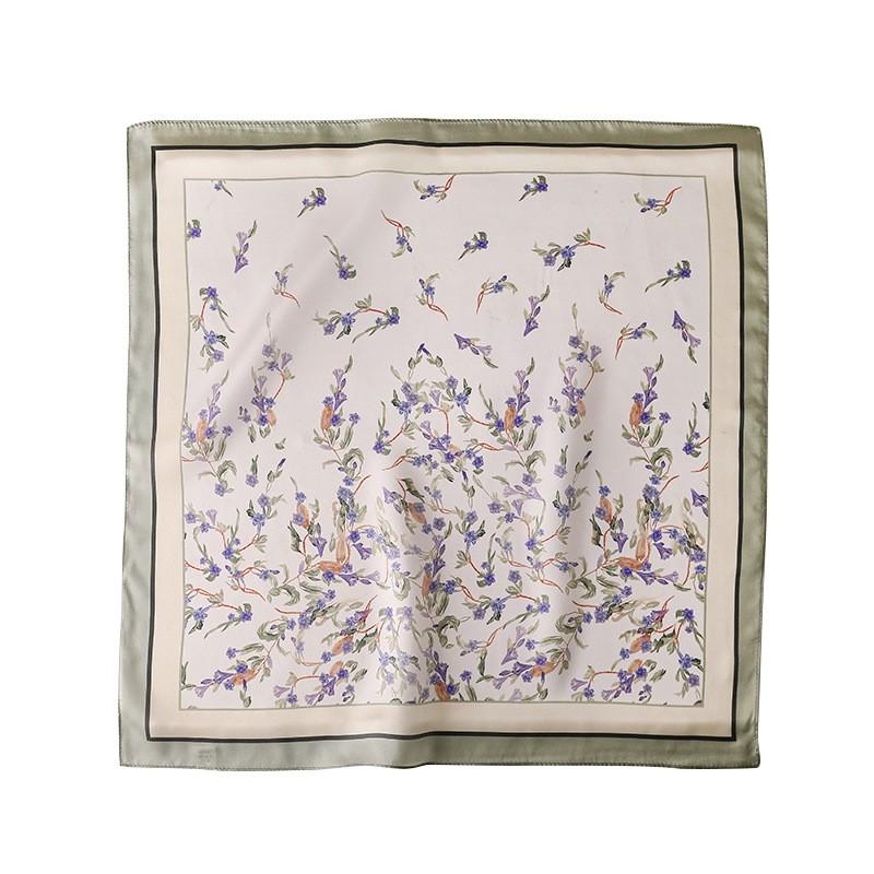 100% Pure Mulberry Silk Square Scarf Women Light Green Floral Print Lightweight Accessory 53x53cm