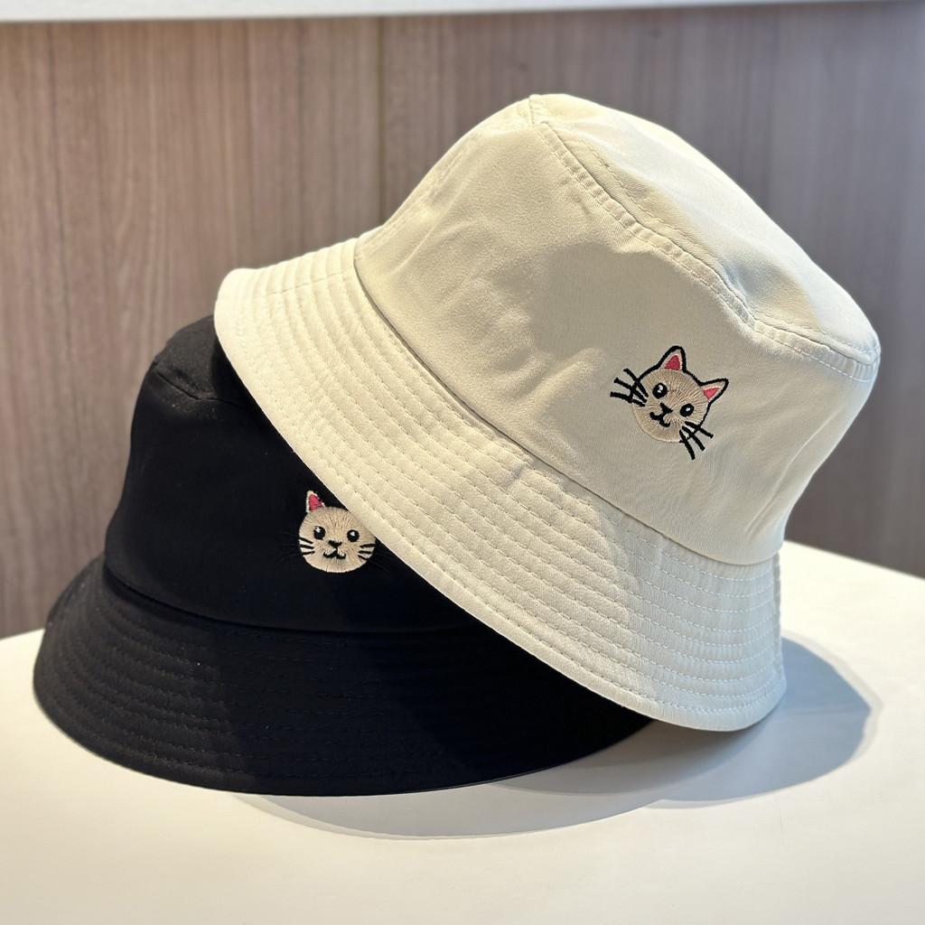 Cat Embroidered Cotton Fisherman Hat With Sun Protection For Casual Summer Wear