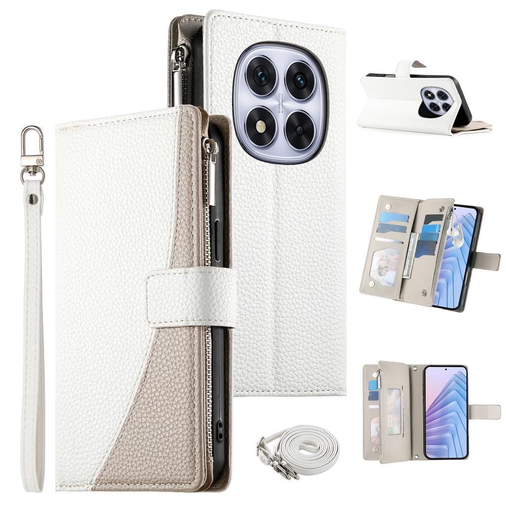 For Xiaomi Redmi Note 14 Pro 5G Case Zipper Wallet Color Splicing Leather Flip Phone Cover with Straps