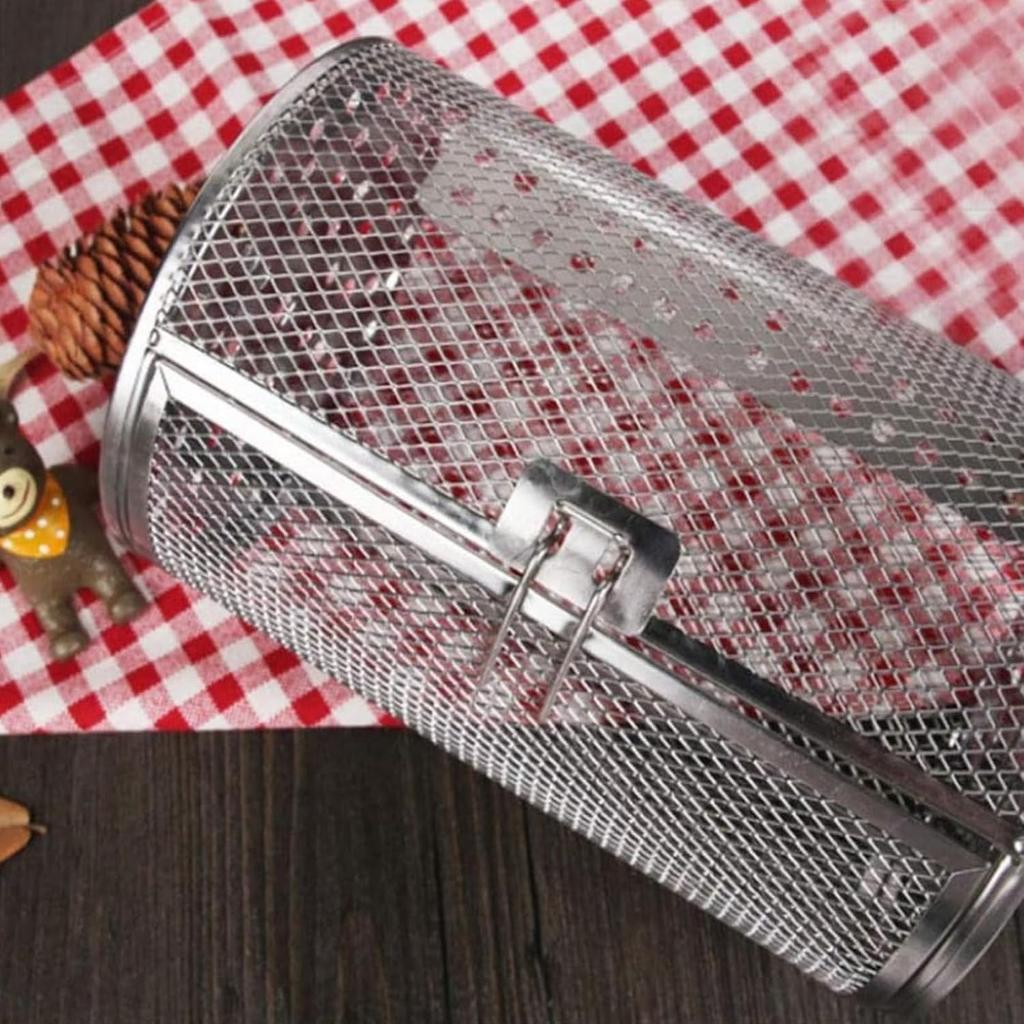 Koš na rožnění 360° otočný nerezový pro horkovzdušnou fritézu a troubu – Posuvná dvířka, rovnoměrné pečení pro kuřecí křídla a kávová zrna(4,61 * 7,01 palce)