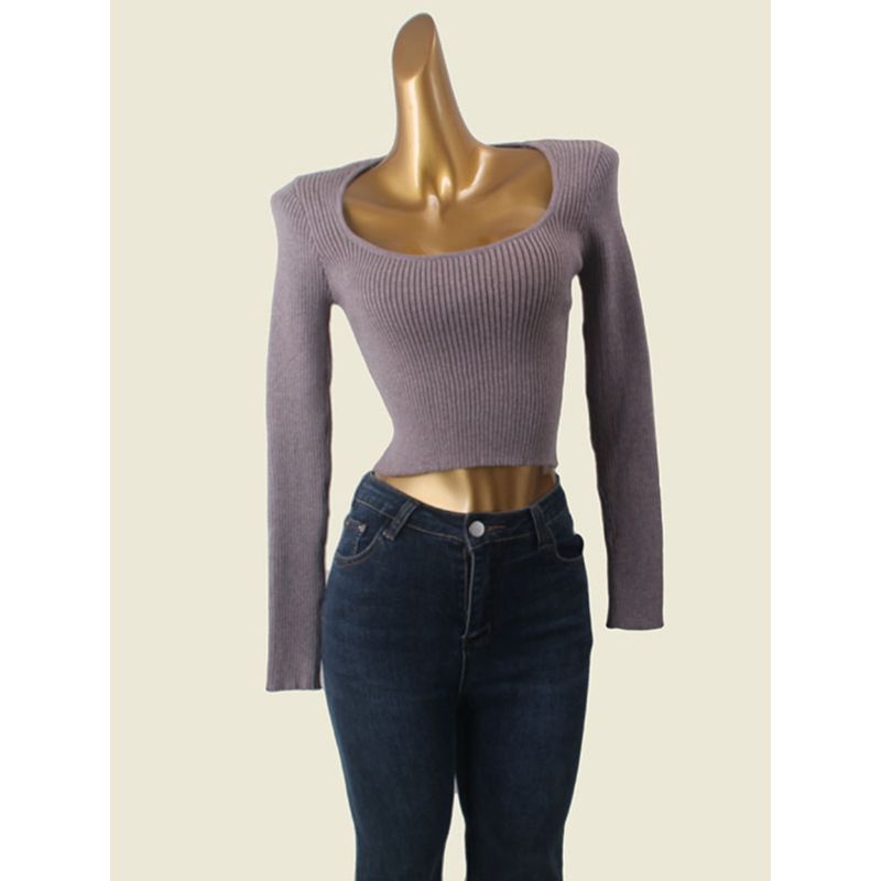 French Style Retro Scoop off-Shoulder Knitting Base Long Sleeves Women's Autumn High Waist Short Soft Glutinous Sunken Stripe Tops