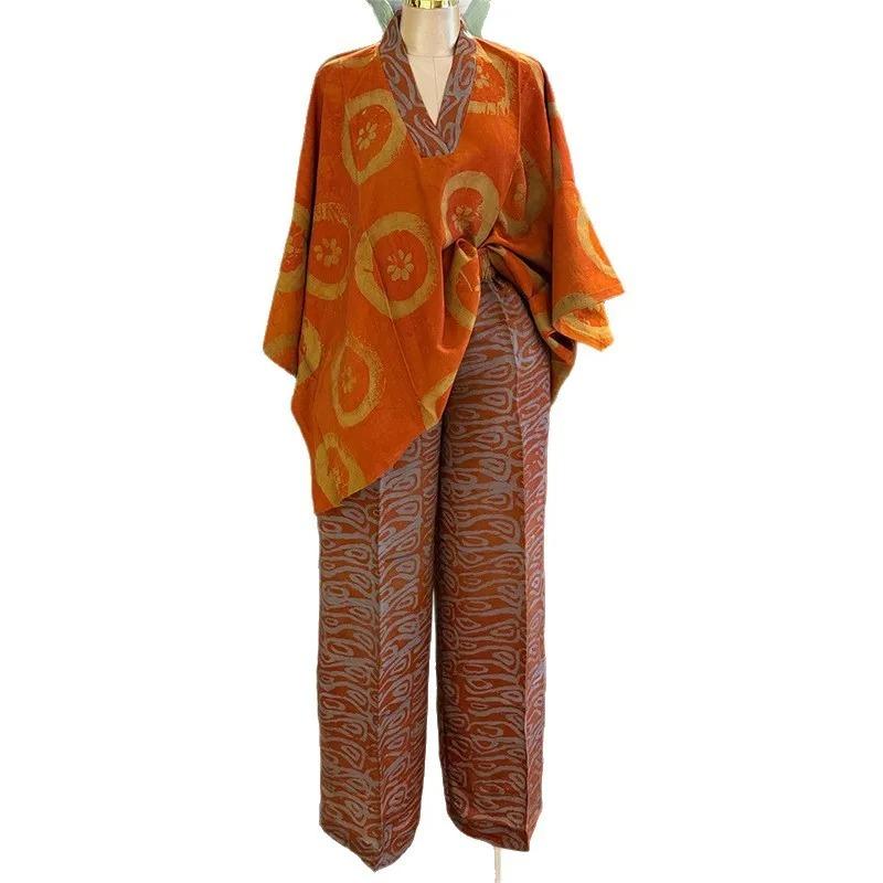 Women Pant Set Two Piece Sets V Neck Bat Sleeve Print Wide Leg Long Pants Casual Loose Elastic Waist Y2k Streetwear