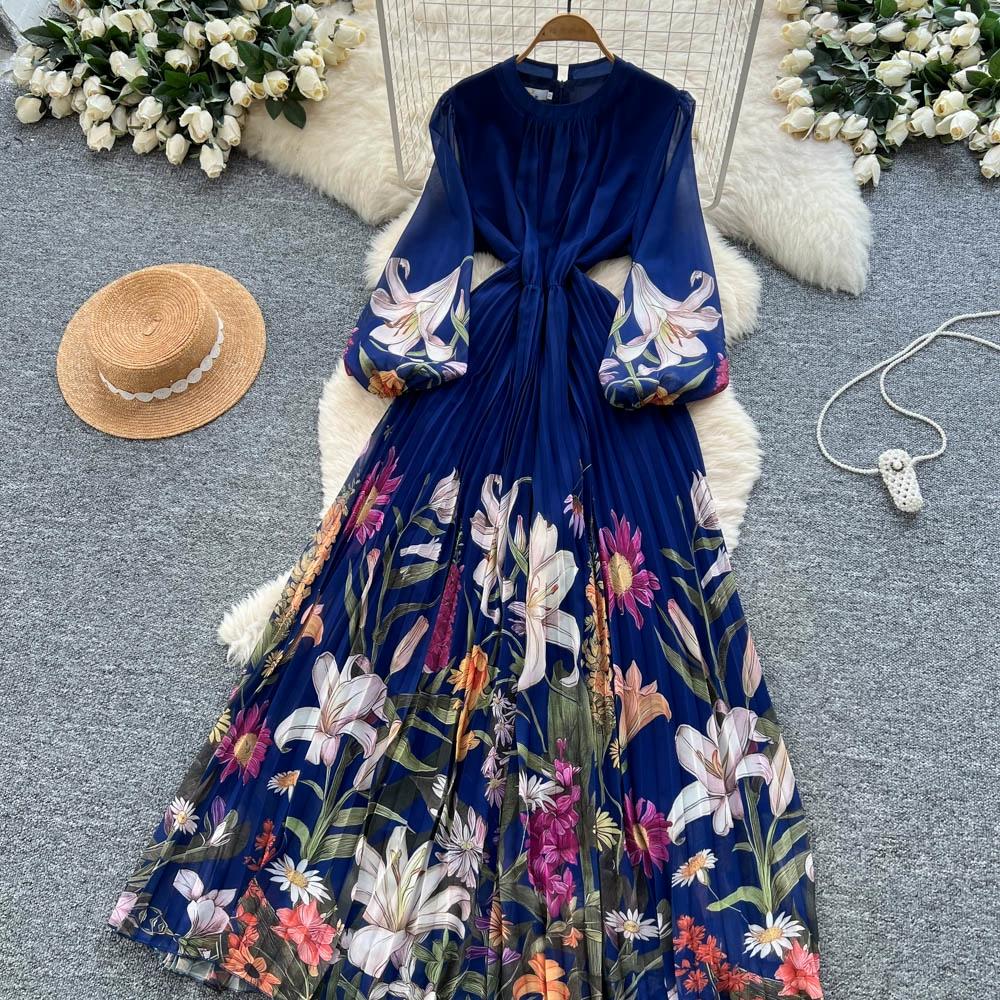 Hochwertiges bedrucktes Kleid für Damen Frühling Herbst A Schlank machende Taille und elegantes plissiertes langes Damenkleid