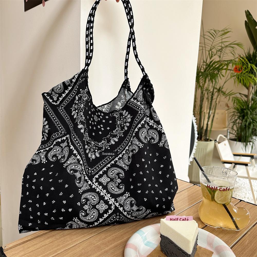 Hanfeng Summer Largecapacity Hand Carry Shoulder Bag Drawstring Shopping Bag Fresh Floral Tote Bag Underarm Bag