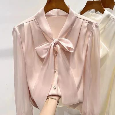 Chiffon Blouse Women Long Sleeve Ribbon Elegant Blouse for Women Korean Fashion Shirts and Blouses Autumn Women's Clothing