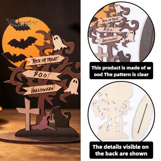 Stable Wooden Desktop Ornaments Halloween Moon Bat Ghost And Dead Tree Tabletop Ornament, Reusable Holiday Wood Crafts Decorative Table Centerpiece