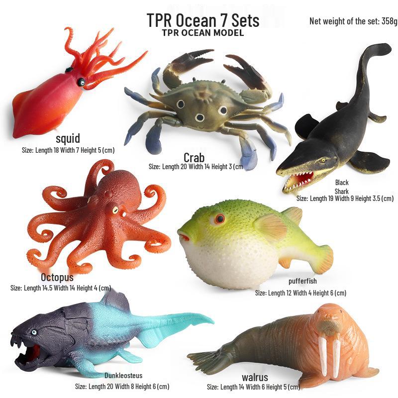 Kids' Marine Animal Model Stress Relief Toy Set: Pufferfish, Octopus, Crab, Shark, Dunkleosteus