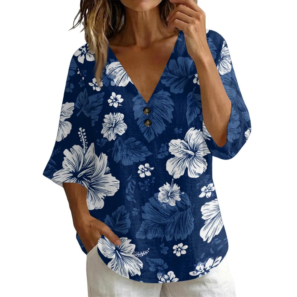 Women V Neck Vintage Floral Print Loose Fit Short Sleeve T Shirt Linen Blend Comfortable Casual Top for Daily Wear