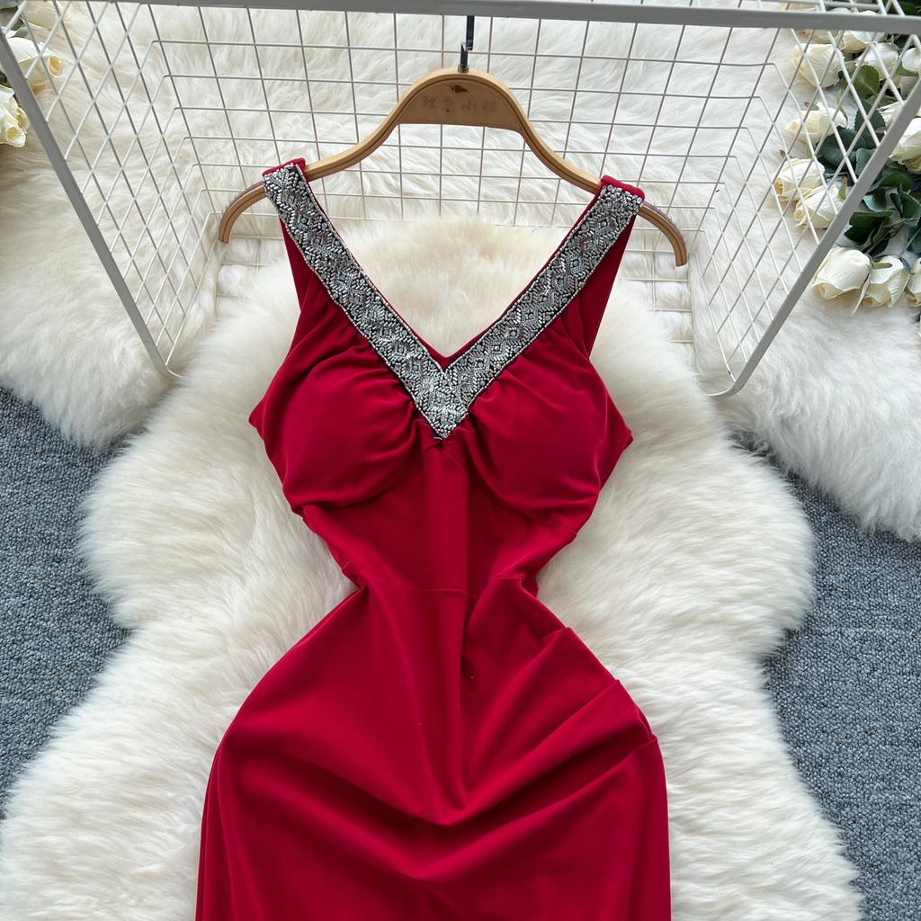 Summer Women V-neck Sleeveless Beaded Solid Evening Party Mermaid Fishtail Long Midi Dresses