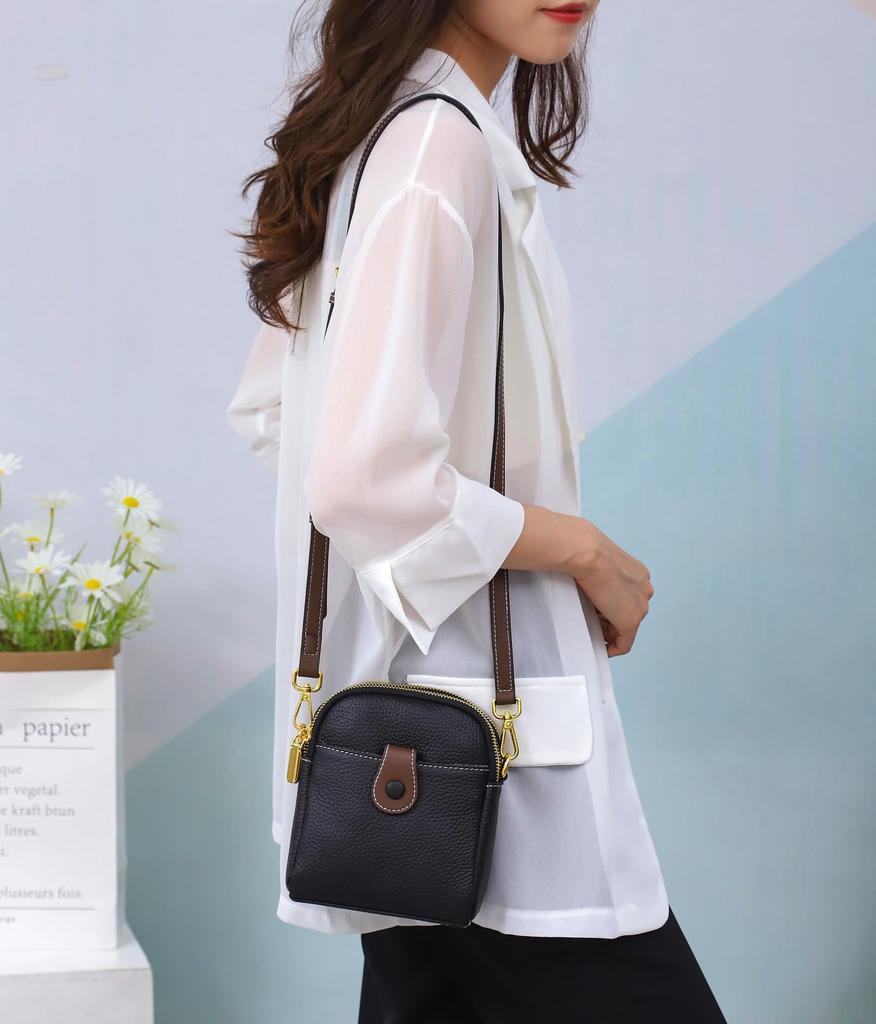 Bearneko Women's Genuine Leather Shoulder Bag, Small, Crossbody, Wallet, Lightweight, Waterproof, Smartphone Pouch, Fashionable, Gift (Black)