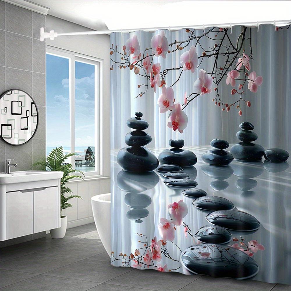 1pc High Quality Polyester Shower Curtain - No-Drill Bathroom Decor with Pink Cherry Blossom & Black Stones Print