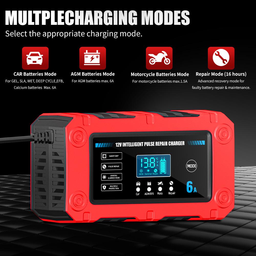 Smart 12V 6A Car & Motorcycle Charger, Repair & Low Voltage Start Function