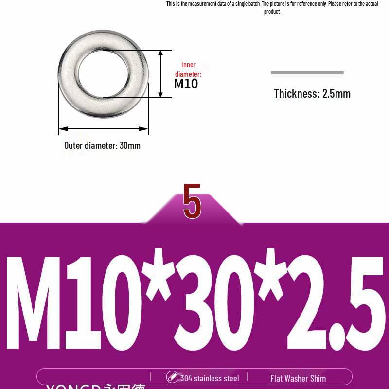 304 Stainless Steel Thickened Flat Washer / Ultra-thin Metal Gasket, Sizes M1.6-M10