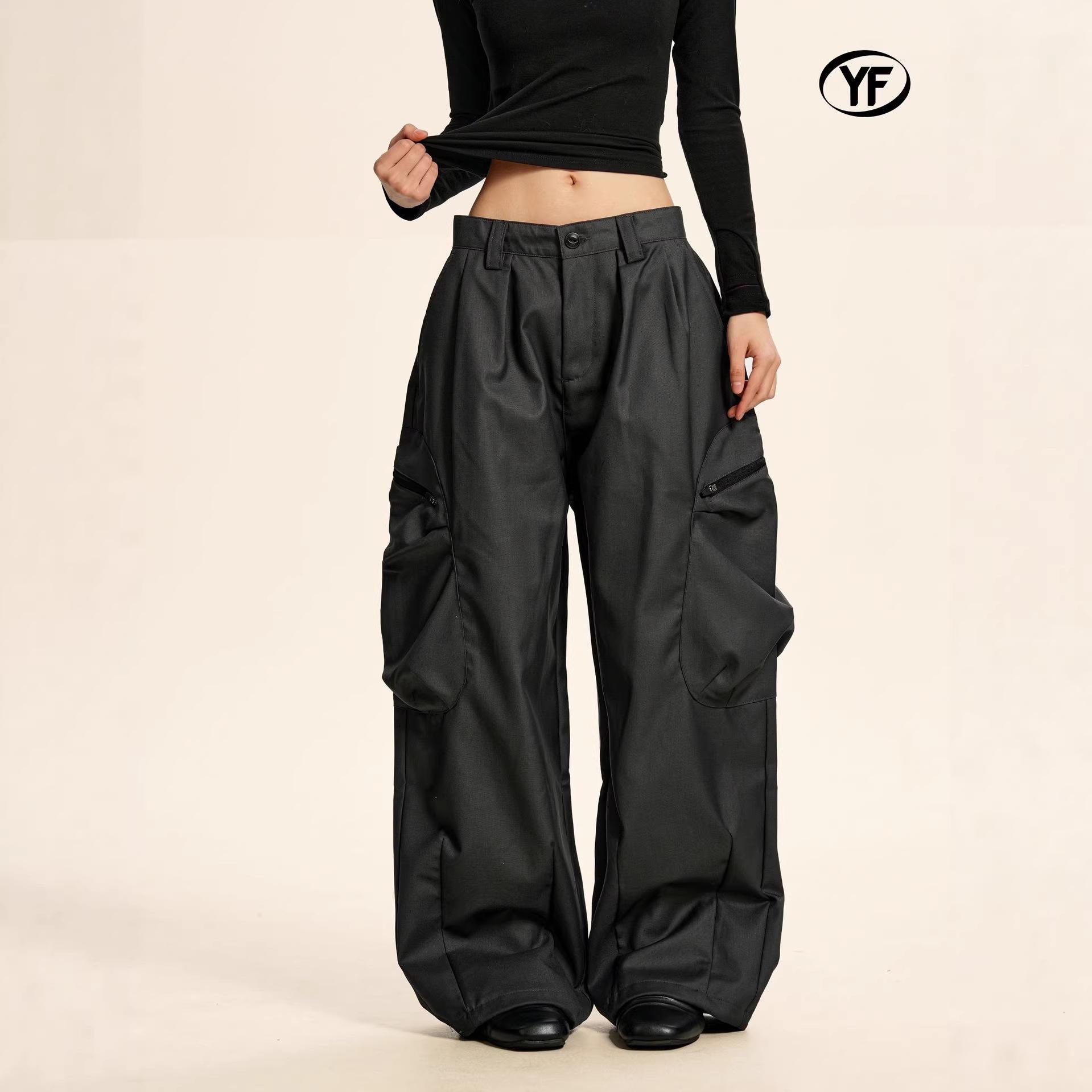 Yongfang Unisex Retro Parachute Pants: Washed, Distressed, Wide-Leg, Loose, Clean-Fit, Casual, Straight-Leg. XL