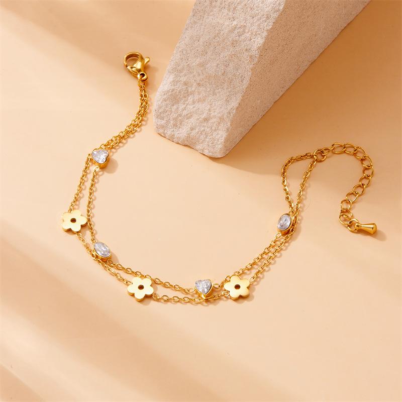 Gold Plated Flower and Heart Cubic Zirconia Double Layer Chain Bracelet for Women Stainless Steel