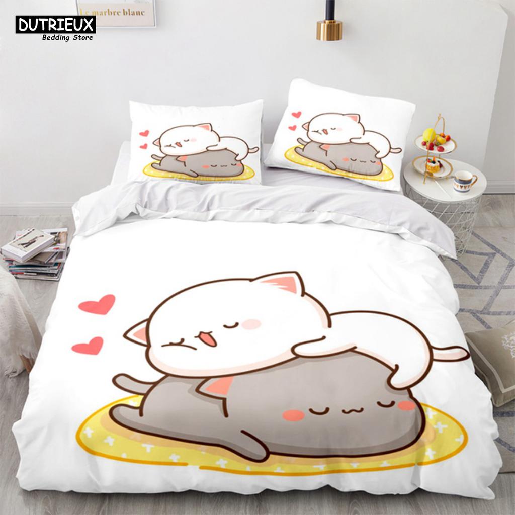 Lovely Peach Cat Bedding Set Cartoon Cute Bed Set Double Queen King Twin Full Size Duvet Cover Set Kids Girls Duvet Cover Gifts