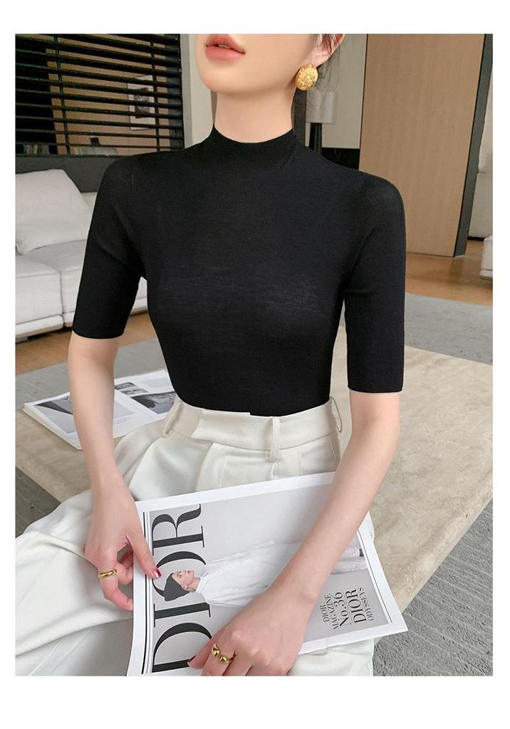 Women's Slim-Fit Knitted Sweater: New Spring Style, Yangzi Yarn, Half-High Collar, Five-Point Sleeves