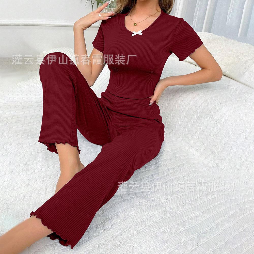 New Elastic Wavy Edge Short-sleeved Trousers Girls Pajamas Set Casual Loungewear
