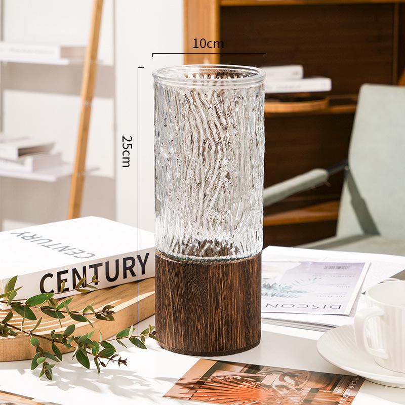 Creative Wooden Holder with Glass Vase for Dried Flowers, Hydroponic Setups, or Lucky Bamboo – Living Room Decor Ornament