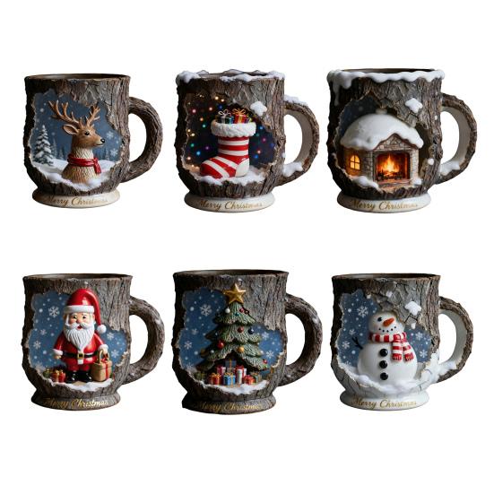 Festive Christmas Mug 3D Tree Bark Texture Themed Santa Reindeer Coffee Cup Resin Holiday Decor Novelty Gifts