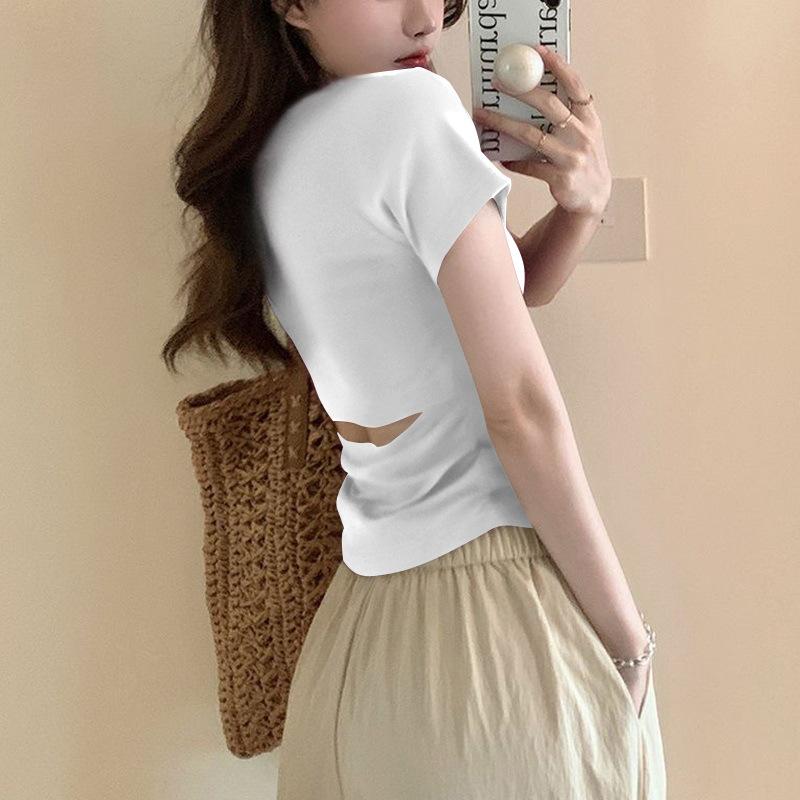 

Дизайнерская тонкая футболка с короткими рукавами и вырезом на спине для женщин. Летняя тонкая базовая рубашка с открытой спиной в корейском стиле для женщин. One size