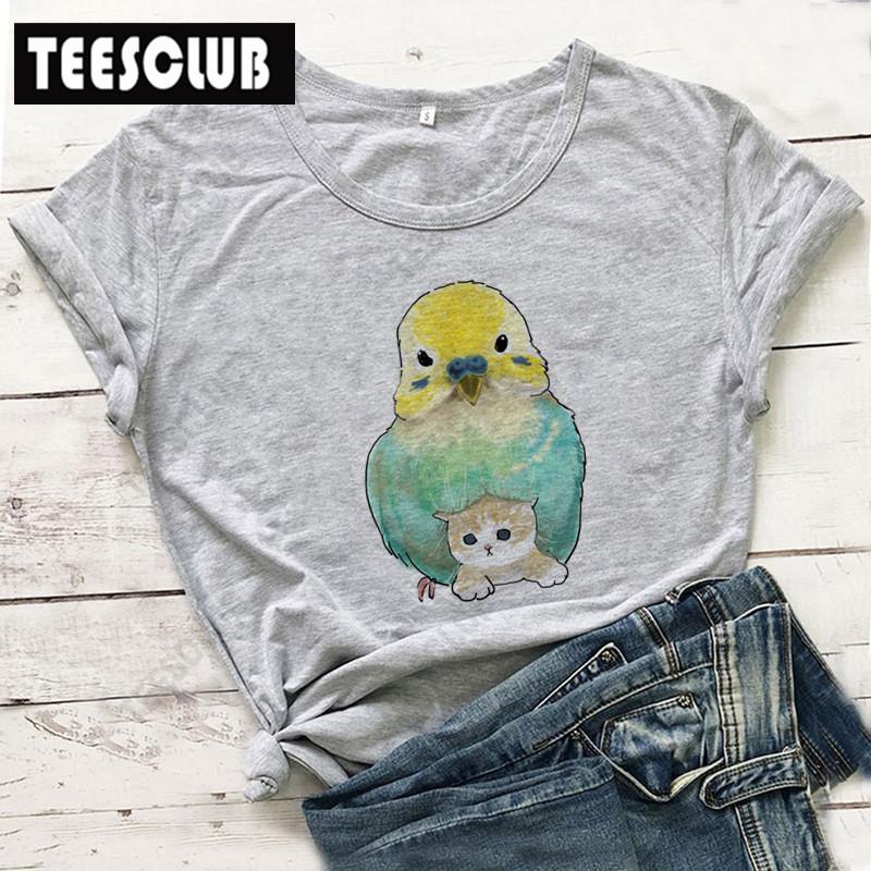 Women's Polyester 100% European-Style Cartoon Parrot Cat Print T-shirt Short Sleeve Harajuku Graphic Top Summer