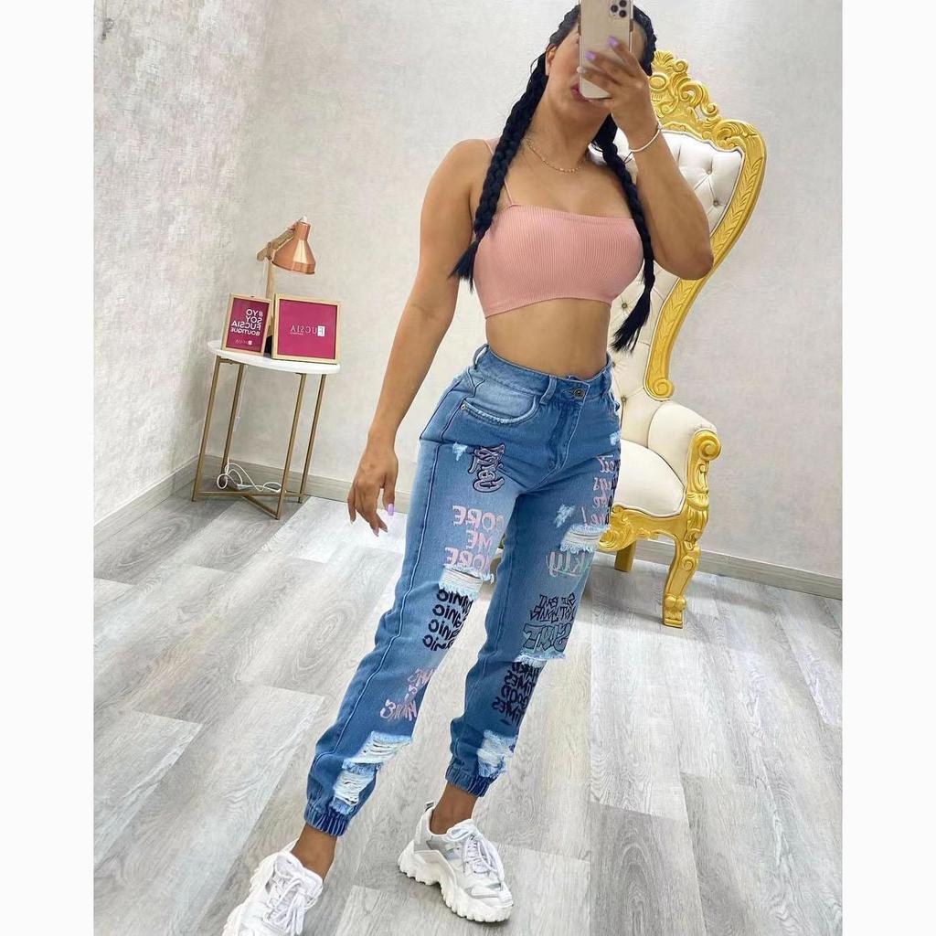 Spring Women's Casual Ripped Jeans Letter Print Leggings Trousers