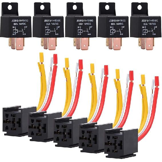 EHDIS 4-Pin Car Truck Motor Heavy Duty 80A 12V On/Off Normally Open SPST Relay Socket Plug With Harness - 4 Wire Automotive Model JD2912-1H-12VDC 80A